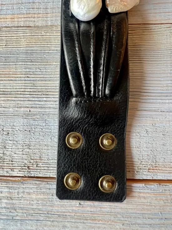 Handcrafted Black Leather Bracelet Genuine Button Pearls Statement Cuff - Picture 3 of 11